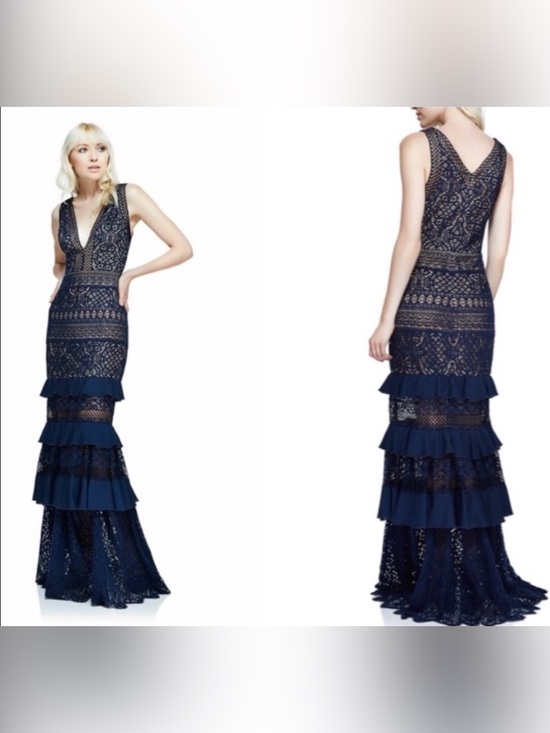 Tadashi Shoji Dresses & Skirts - Tadashi Shoji Navy Lace V-Neck Tiered Ruffle Maxi Dress
